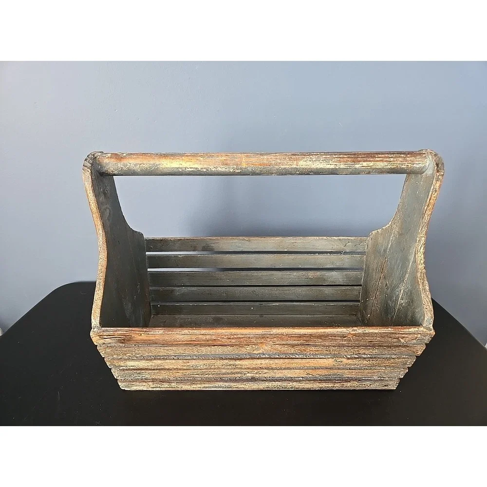 Handmade‎ wood basket farmhouse tramp art wood handle slats rustic primitive
